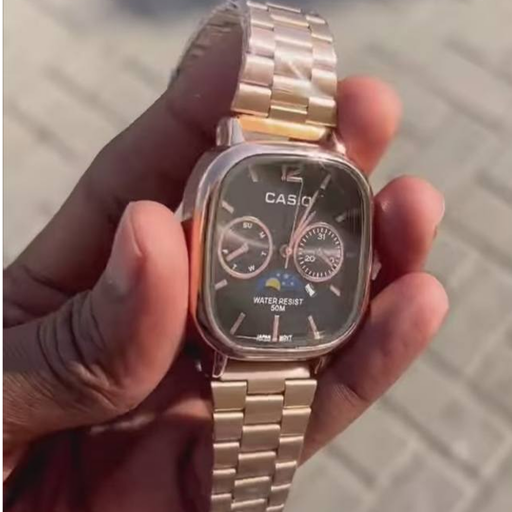 Cassiio Rose Gold Analog Watch with Black Dial – Moonphase, Day/Date Subdials, 50M Water Resistant