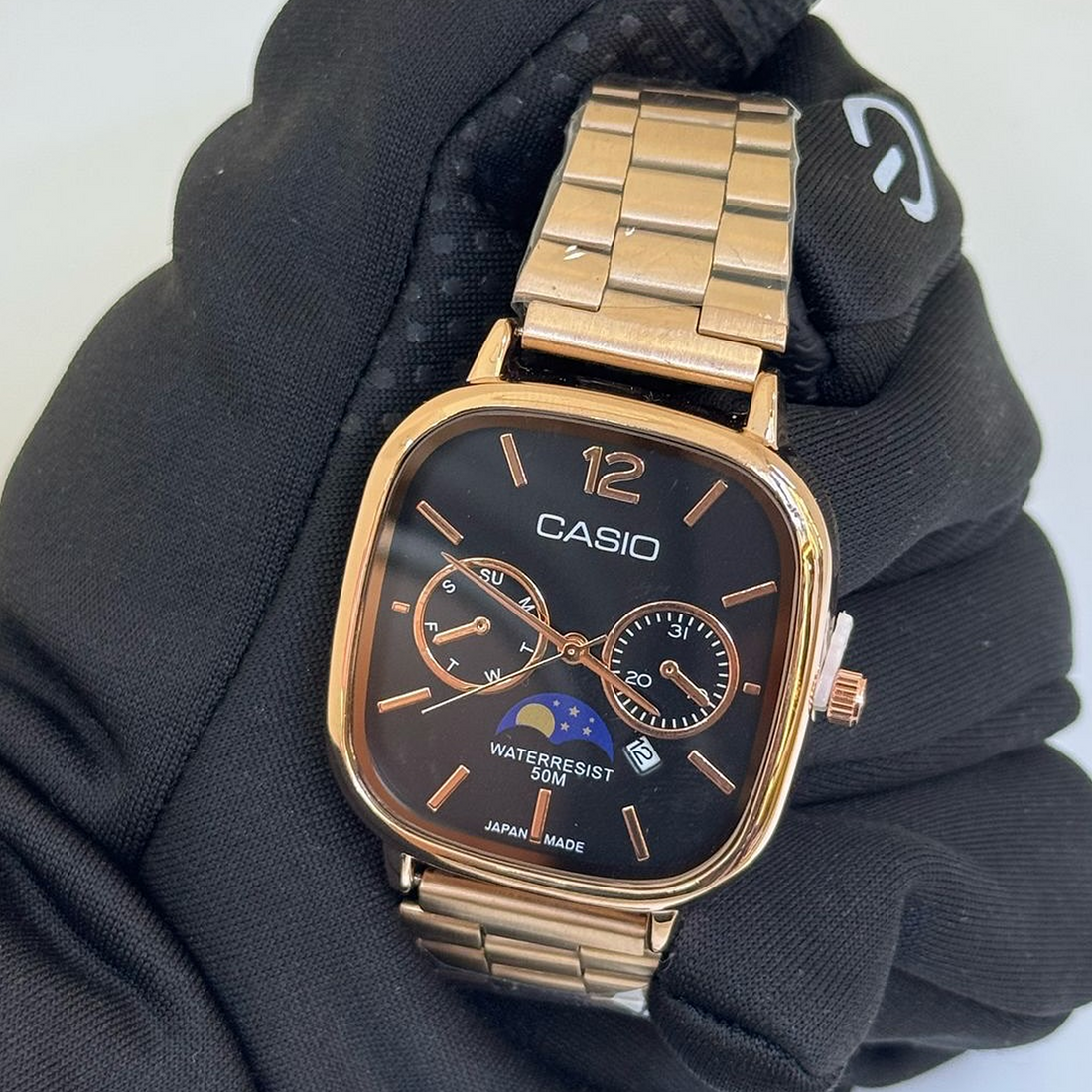 Cassiio Rose Gold Analog Watch with Black Dial – Moonphase, Day/Date Subdials, 50M Water Resistant