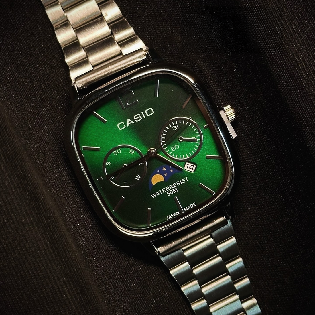 Cassiio Analog Men's Watch – Green Dial with Stainless Steel Strap, 50M Water Resistant